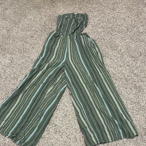 aerie Olive & Teal Striped Strapless Wide-Leg Jumpsuit